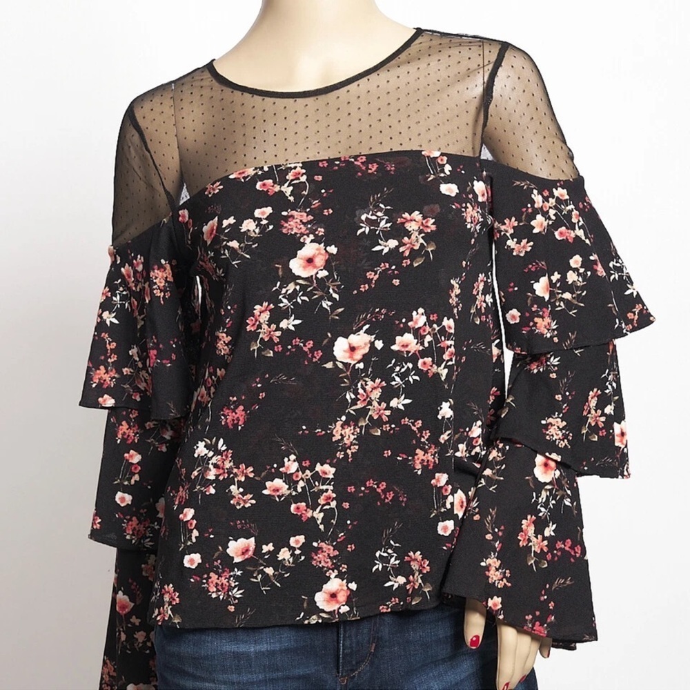 White House Black Market Floral Black sheer Blouse size medium